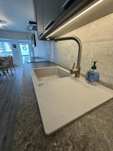 a kitchen sink with a bottle of soap on it at Stanley Cottage in Herne Bay