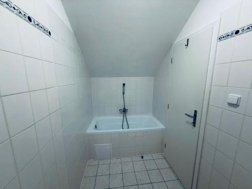 a white bathroom with a tub and a shower at Apart Aurum B&M in Jáchymov