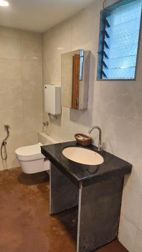 a bathroom with a sink and a toilet at Sahil Private Pool Villa in Alibaug