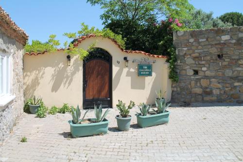 a building with potted plants in front of a door at The Gallipoli Houses in Eceabat