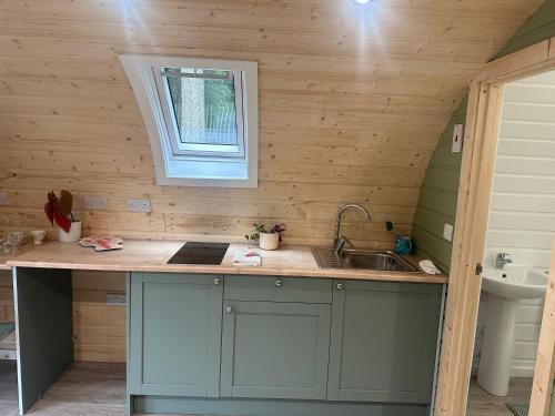 a kitchen with a counter and a sink in a room at Pennygael in Lanark