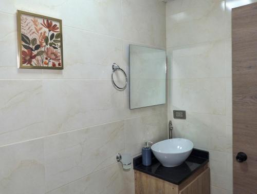 a bathroom with a sink and a mirror at Habitación con baño privado en Circasia Quindío in Circasia