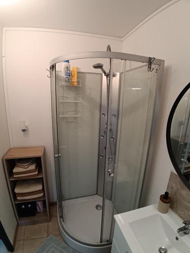 a shower in a bathroom with a sink and a mirror at L'annexe in Gouy
