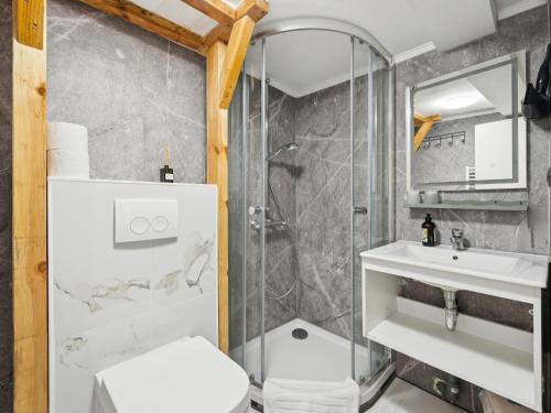 a bathroom with a shower and a toilet and a sink at Auszeit in Goslar