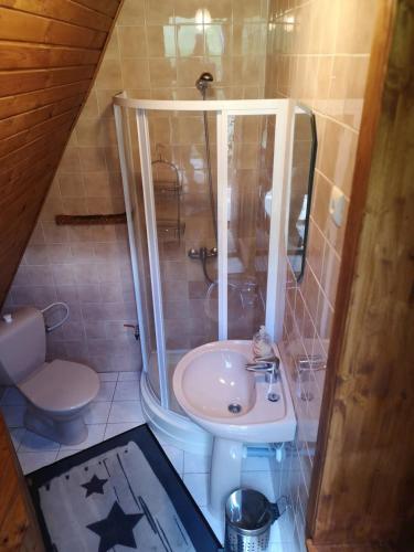 a small bathroom with a sink and a toilet at Chata Panorama in Čremošné