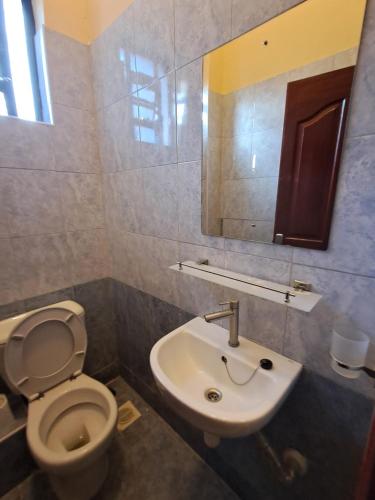 a bathroom with a toilet and a sink and a mirror at Utele Cottages in Thika