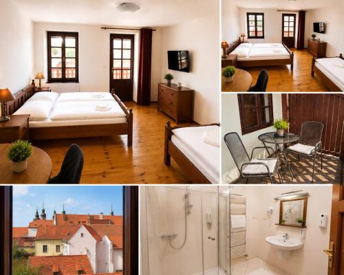 a collage of pictures of a hotel room with beds at MiMo penzion in Telč