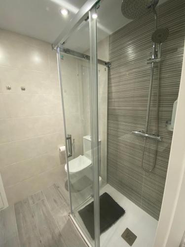 a shower with a glass door in a bathroom at Apartamento Chicuelo in Ariza