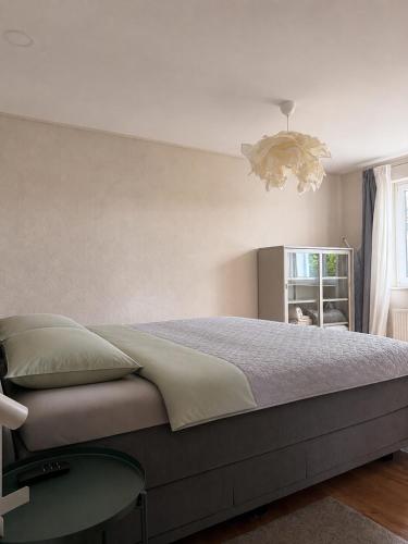 a bedroom with a bed and a chandelier at 70 qm Wohnung in Neuwied
