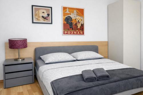 a bedroom with a bed and a lamp and posters at Amulet Poznan Old Town in Poznań