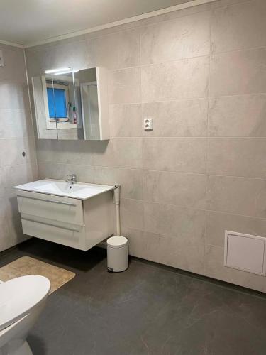 a bathroom with a sink and a toilet and a mirror at Modern basement apartment, 65 square meters in Alta