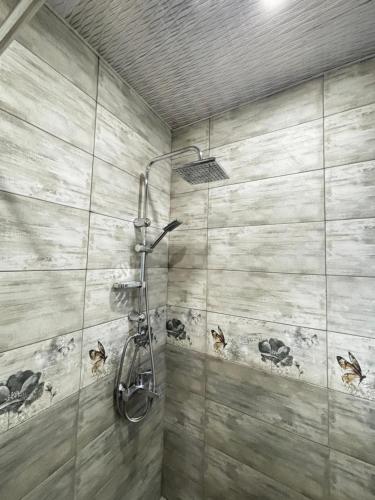 a shower in a bathroom with a glass wall at Panorama in KUTAISI in Kutaisi