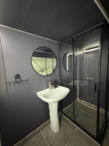 a bathroom with a sink and a shower and a mirror at Mtirala Glamping in Ch'ak'vist'avi