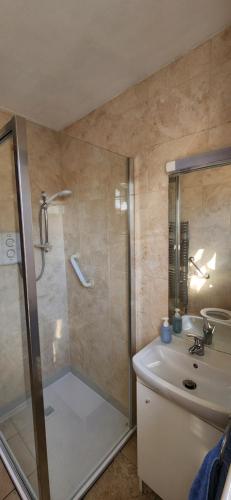 a bathroom with a shower and a sink at Cosy Bungalow in Balbriggan
