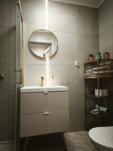 ein Badezimmer mit Waschbecken und Spiegel in der Unterkunft Golden Studio in Płock