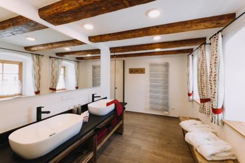 a bathroom with a large sink and a large mirror at Ferienhaus Zirbenliebe Altenberg in Kurort Altenberg