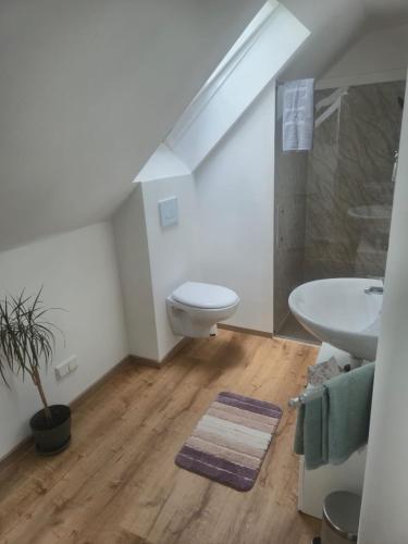 a bathroom with a toilet and a sink at Detmolder Perle 2 Charmante Dachgesschoswohnung im Altbau in Detmold