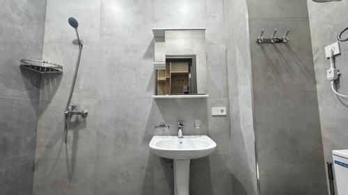 a bathroom with a sink and a shower at Monaco in Bosteri