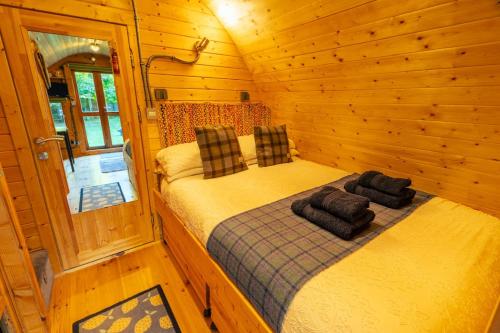 a bedroom with two beds in a wooden cabin at The Chestnuts Pod with private garden. in Eccles
