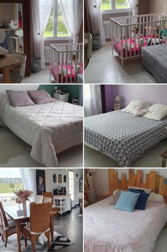 a collage of four pictures of a bedroom with a crib at La maison dans les vignes in Châteauneuf-sur-Charente
