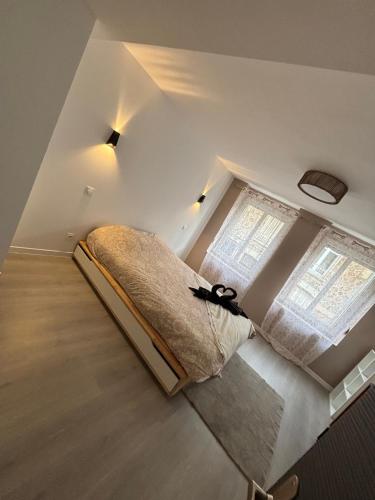 a bed in a room with two windows at Le flocmagny in Chalons en Champagne