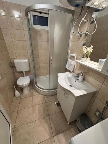 a bathroom with a shower and a sink and a toilet at Apartman Marta in Podstrana
