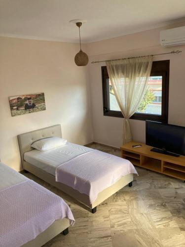 a bedroom with two beds and a television and a window at Villa Eleon 1 in Nea Vrasna