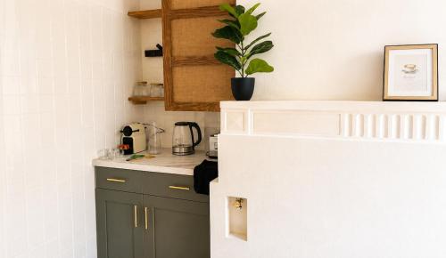 a kitchen with green cabinets and a counter top at L'Écrin Bois & Lin in Nevers