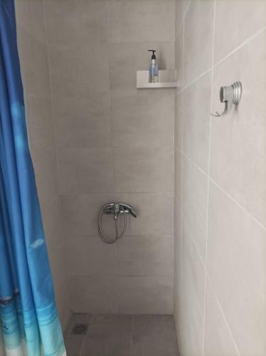 a shower with a blue shower curtain in a bathroom at Almira Ghouse in Almiropotamos