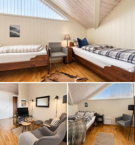 two pictures of a room with two beds at Alpintunet Uvdal in Sønstebø
