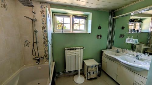 a green bathroom with a sink and a tub and a shower at La petite lisonne in Marval