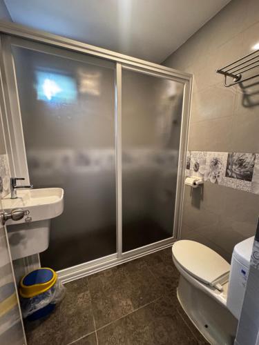 a bathroom with a shower with a toilet and a sink at D’Waldz Villa 2 Tagaytay in Tagaytay