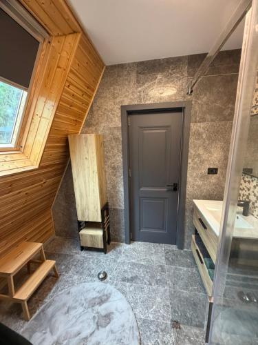 a bathroom with a blue door and a sink at Cabana Stefan cel Mare in Căpăţîneni-Ungureni