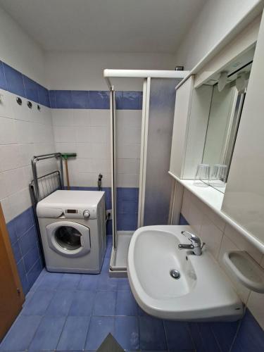a bathroom with a sink and a washing machine at Nido Silmano in Marilleva