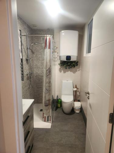 a bathroom with a toilet and a shower and a sink at Apartamento Sol in Suances