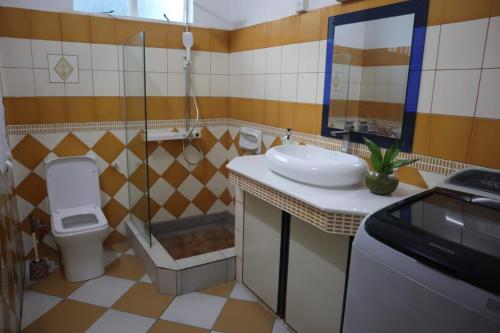 a bathroom with a sink and a toilet at Maison des Anges in Mahébourg