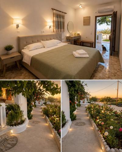 a bedroom with a bed and a garden with flowers at Mihalis Studios in Karpathos