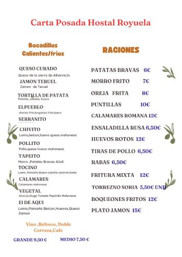 a picture of a menu for a restaurant at Hostal Posada Royuela in Royuela
