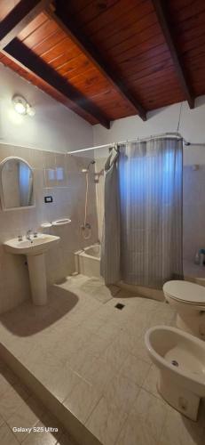 a bathroom with a shower and a sink and a toilet at Alojamiento Dina in Puerto Madryn