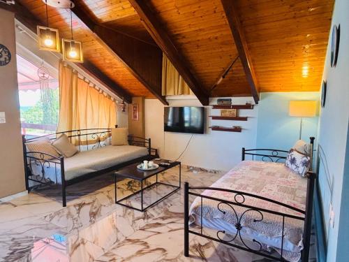 a bedroom with a bed and a couch and a tv at HELEN STUDIOS Loft in Planos