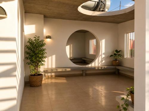 a hallway with a mirror and a potted plant at Apartamento Castilla in Viña del Mar