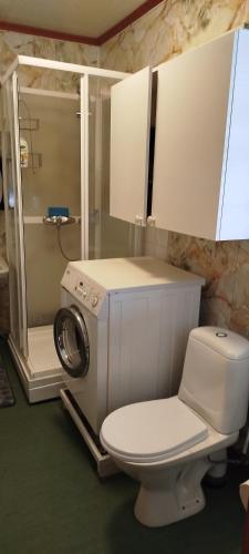 a bathroom with a toilet and a washing machine at Eina house near the E4 road in Eina