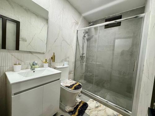 a bathroom with a shower and a toilet and a sink at Appart Angel in Espargos
