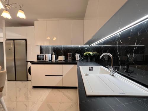 a kitchen with a sink and a refrigerator at Villa Joel in Kefallonia