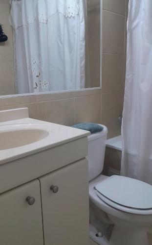 a bathroom with a toilet and a sink and a mirror at Acogedor departamento en La Serena in La Serena