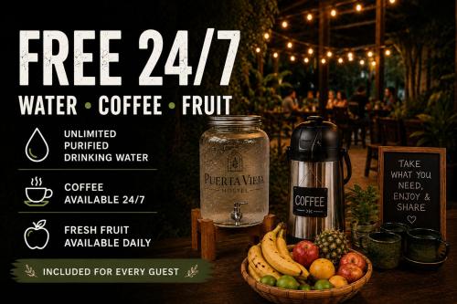 a advertisement for a drink with a bowl of fruit next to a coffeeimp at Puerta Vieja Hostel in San Cristóbal de Las Casas
