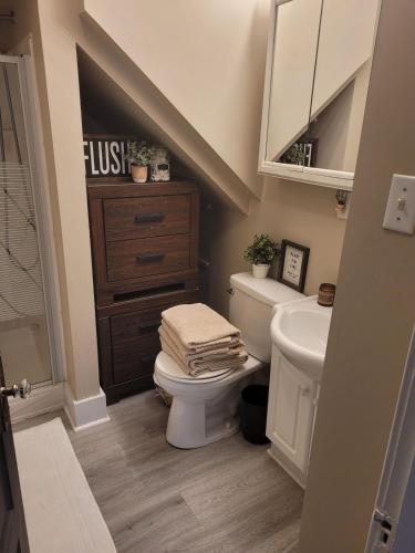 a bathroom with a toilet and a sink at Cozy One Bedoom apartment in Saint John