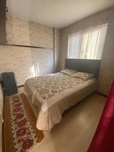 a bedroom with a bed and a window and a rug at Soaltee city apartments in Kathmandu
