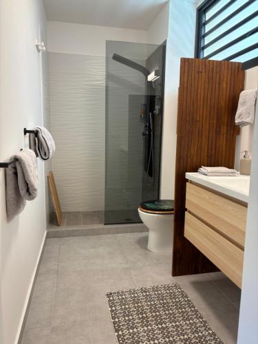 a bathroom with a shower and a toilet and a sink at Zen escape-ocean view Papeete in Papeete