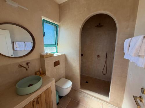 a bathroom with a shower and a toilet and a sink at מול האופק horizonview in Kammon